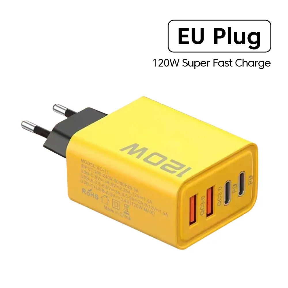 Total 120W 4 Ports USB Charger PD Type C Fast Charging Mobile Phone Adapter For iPhone Samsung Xiaomi Huawei QC 3.0 Wall Charger
