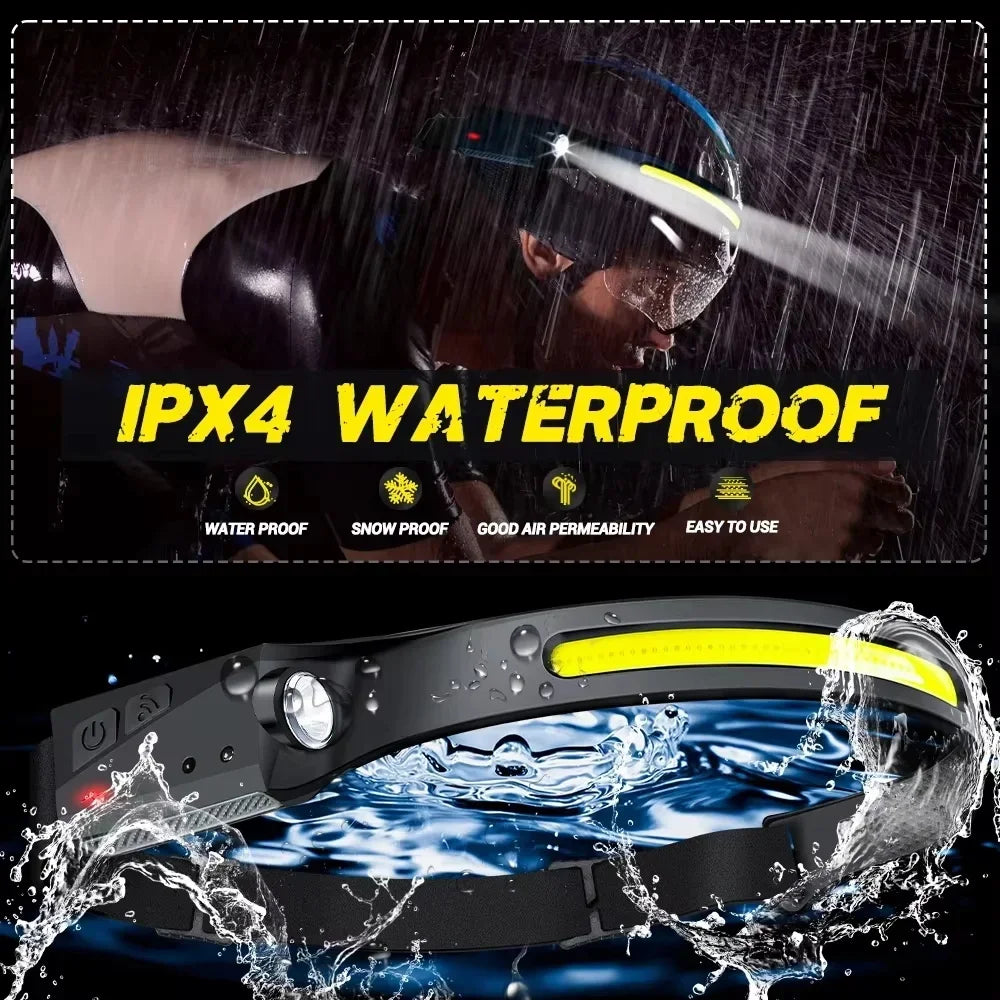 230°Bright Beam Headlamp LED Sensor Head lamp Built-in Battery USB Rechargeable Head Flashlight Outdoor Camping Fishing Headligh
