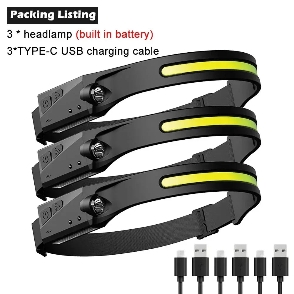 230°Bright Beam Headlamp LED Sensor Head lamp Built-in Battery USB Rechargeable Head Flashlight Outdoor Camping Fishing Headligh