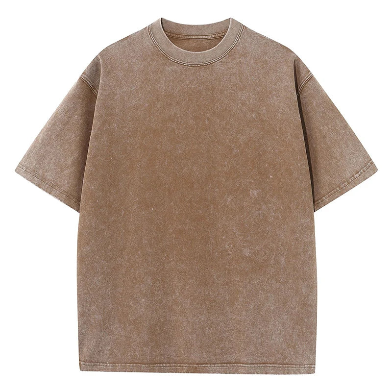 Men's summer pure cotton distressed retro drop shoulder T-shirt solid color loose casual breathable men's casual T-shirt tops