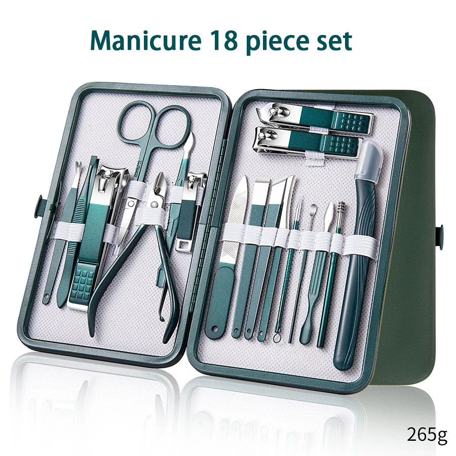 Stainless Steel Nail Clippers Set Grooming Tools Set With Portable Case Manicure Art Tool Green Nails Cut