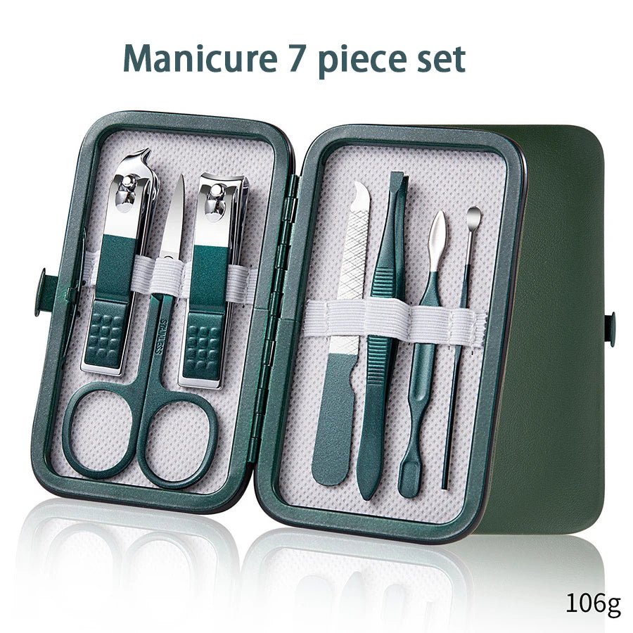 Stainless Steel Nail Clippers Set Grooming Tools Set With Portable Case Manicure Art Tool Green Nails Cut