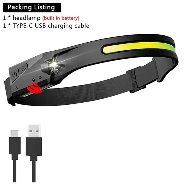 230°Bright Beam Headlamp LED Sensor Head lamp Built-in Battery USB Rechargeable Head Flashlight Outdoor Camping Fishing Headligh