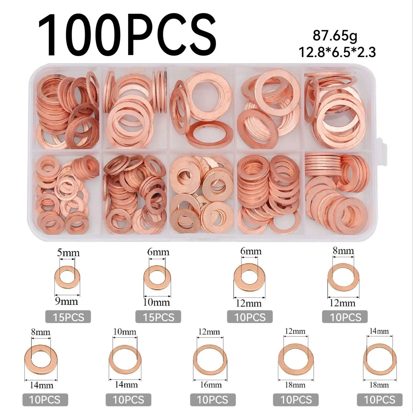 Copper Washer Gasket Nut and Bolt Set Flat Ring Seal Assortment Kit with Box //M8/M10/M12/M14 for Sump Plugs