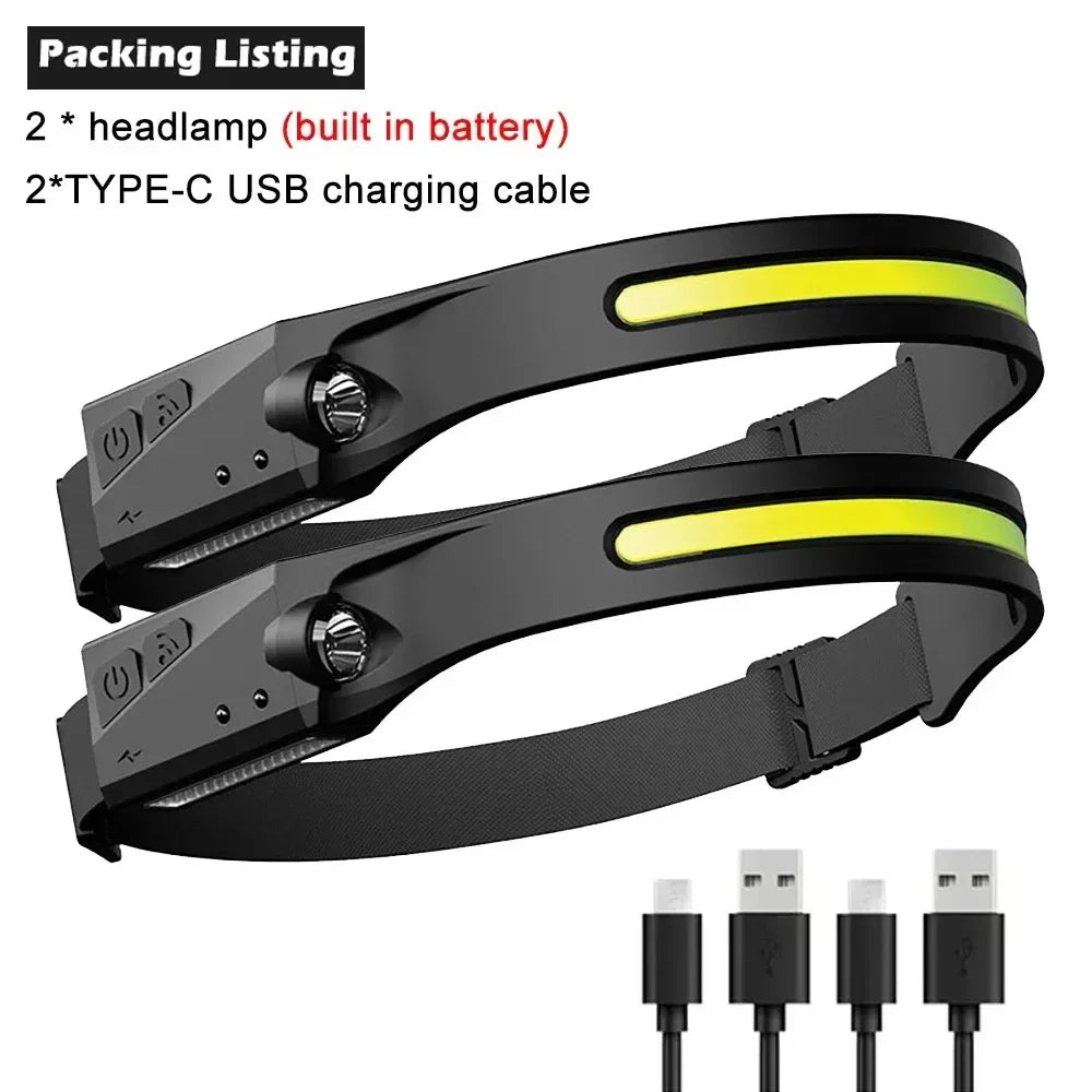 230°Bright Beam Headlamp LED Sensor Head lamp Built-in Battery USB Rechargeable Head Flashlight Outdoor Camping Fishing Headligh