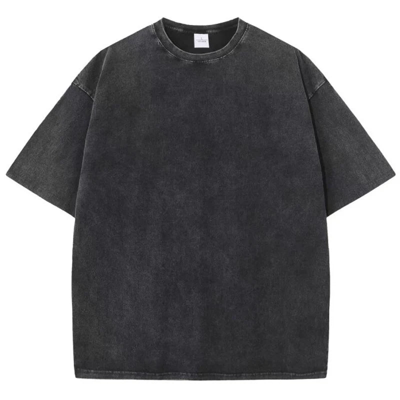 Men's summer pure cotton distressed retro drop shoulder T-shirt solid color loose casual breathable men's casual T-shirt tops