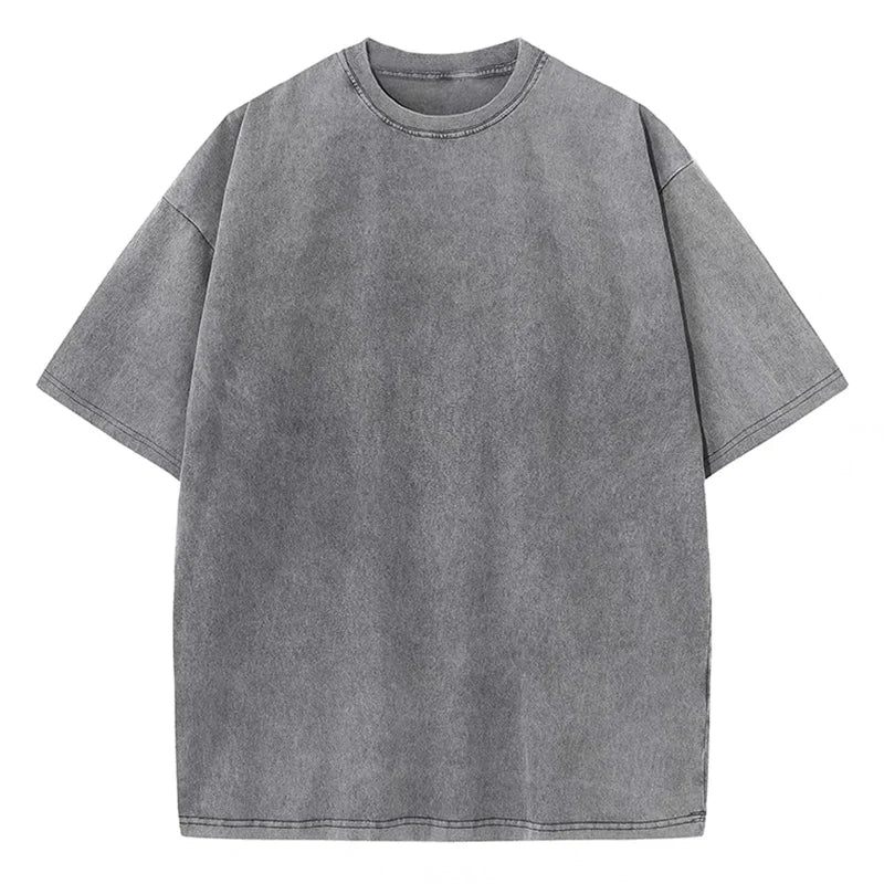 Men's summer pure cotton distressed retro drop shoulder T-shirt solid color loose casual breathable men's casual T-shirt tops
